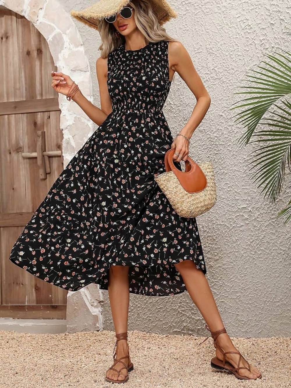 Ditsy Floral Print Smocked Tiered Midi Length Dress Womens Large Boho Casual